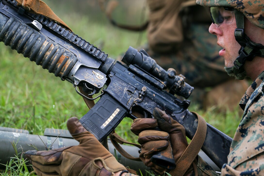 Marines with Bravo Company participate in a high explosive (HE) range during a three day field operation at Marine Corps Base Quantico in Quantico, Virginia, Sept. 10, 2020. The training evolution trained the Marines in different weapons systems proficiency and squad tactics. (U.S. Marine Corps Photo by Sgt. Robert Knapp)