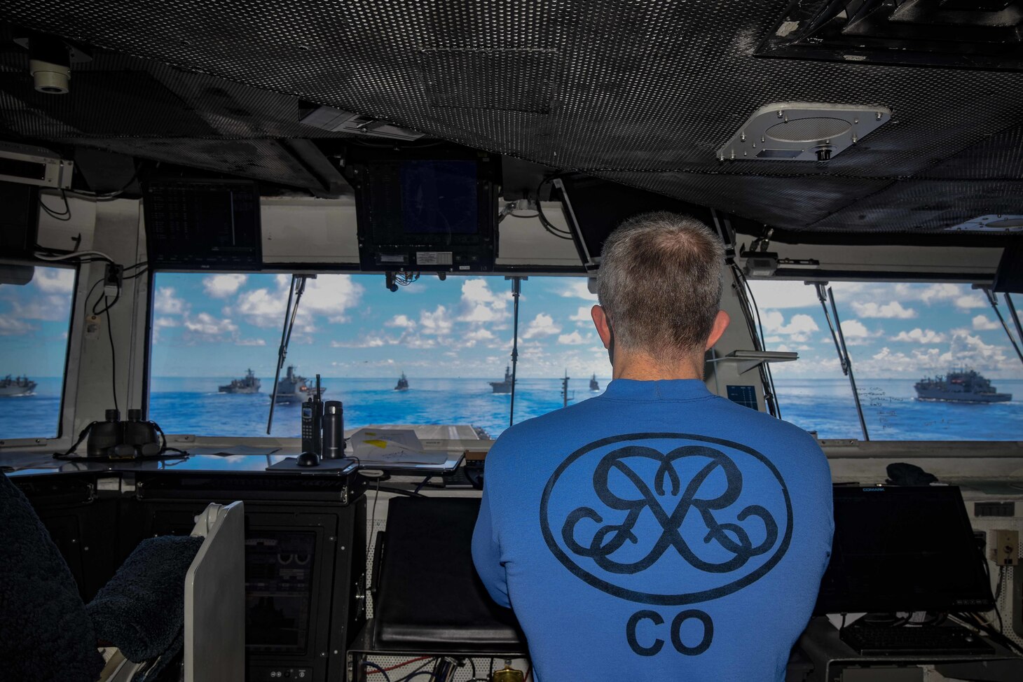 Capt. Patrick Hannifin, commanding officer of the Navy�s only forward-deployed aircraft carrier USS Ronald Reagan (CVN 76), observes a formation for a photo exercise in support of Valiant Shield 2020.