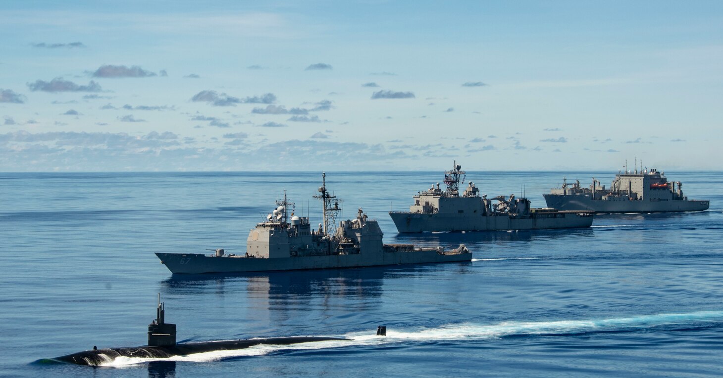 USS Chicago (SSN 721), front, USS Shiloh (CG 67), USS Comstock (LSD 45) and USNS Sacagawea (T-AKE 2) and USNS Charles Drew (T-AKE 10) steam in formation with USS Ronald Reagan (CVN 76), in support of Valiant Shield 2020.