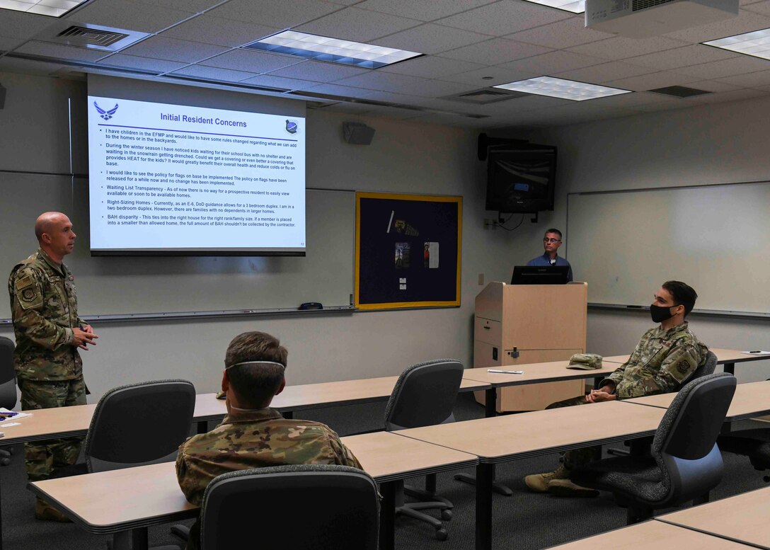 U.S. Air Force Col. Cassius Bentley, 92nd Air Refueling Wing commander, answers Airmen’s questions during a Resident Council meeting at Fairchild Air Force Base, Washington, Sept. 21, 2020. The Resident Council meeting allows Airmen living in privatized housing to address their concerns, and have questions answered by base leadership and privatized housing officials from Balfour Beatty. (U.S. Air Force photo by Airman 1st Class Kiaundra Miller)