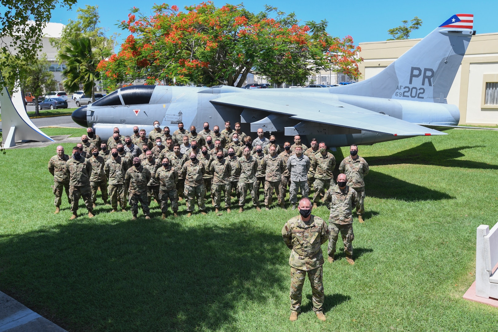 Members of the Iowa National Guard's 132d Wing in San Juan, Puerto Rico, at the end  of their Aug. 14-28, 2020, mission to help the Puerto Rico Air National Guard transition from an airlift wing to a contingency response and combat communications wing.
