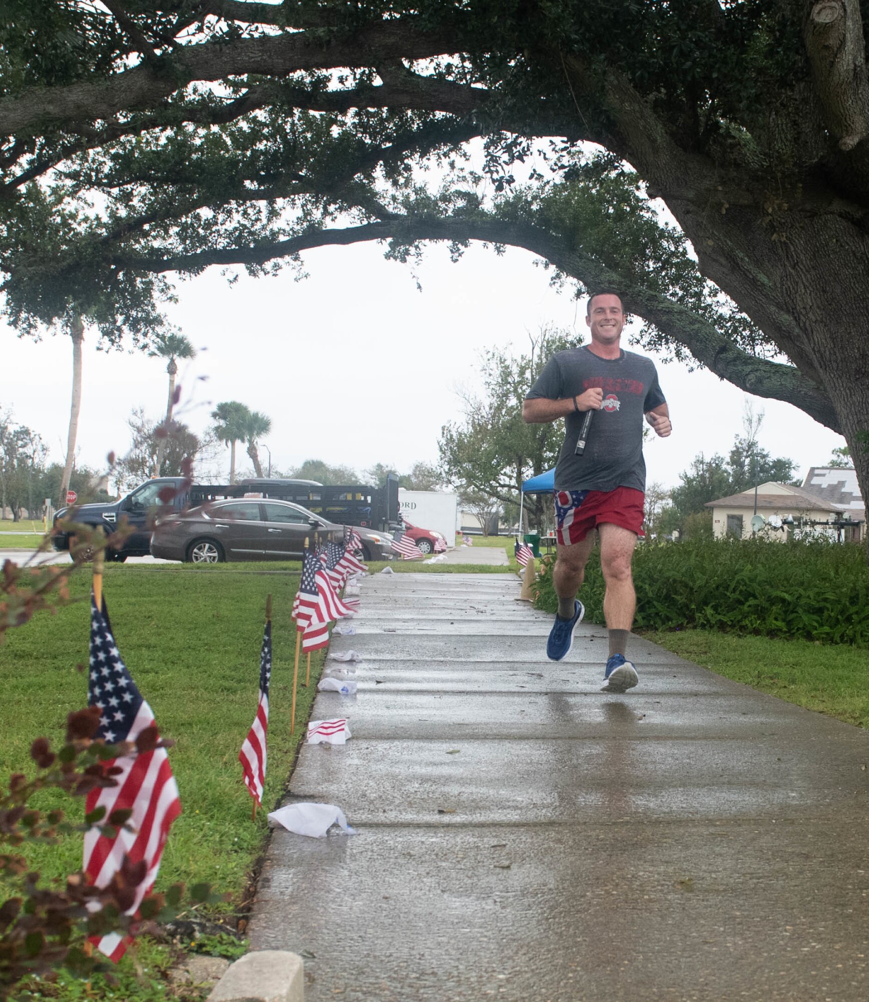 A volunteer runner participates in a 24-hour vigil run at Tyndall Air Force Base, Sept. 24, 2020. The event was held to honor POW/MIA for the 32nd consecutive year at Tyndall. (U.S. Air Force photo by Airman Anabel Del Valle)