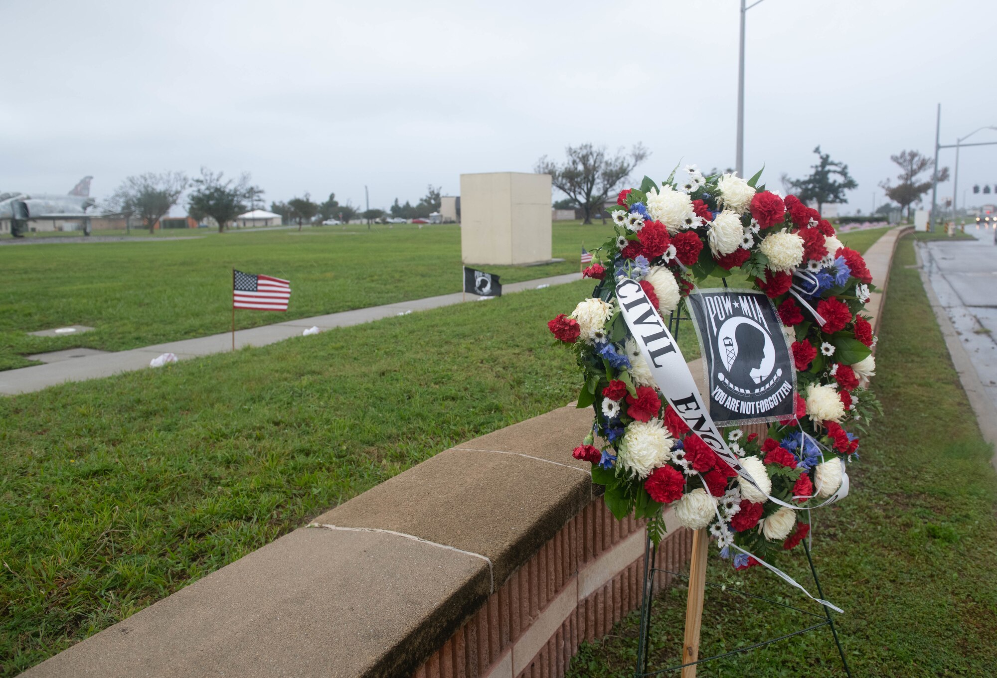 A decorated wreath is displayed at Flag Park at Tyndall Air Force Base, Florida, Sept. 24, 2020. The wreath was one of many lined up to honor prisoners of war and those missing in action. (U.S. Air Force photo by Airman Anabel Del Valle)