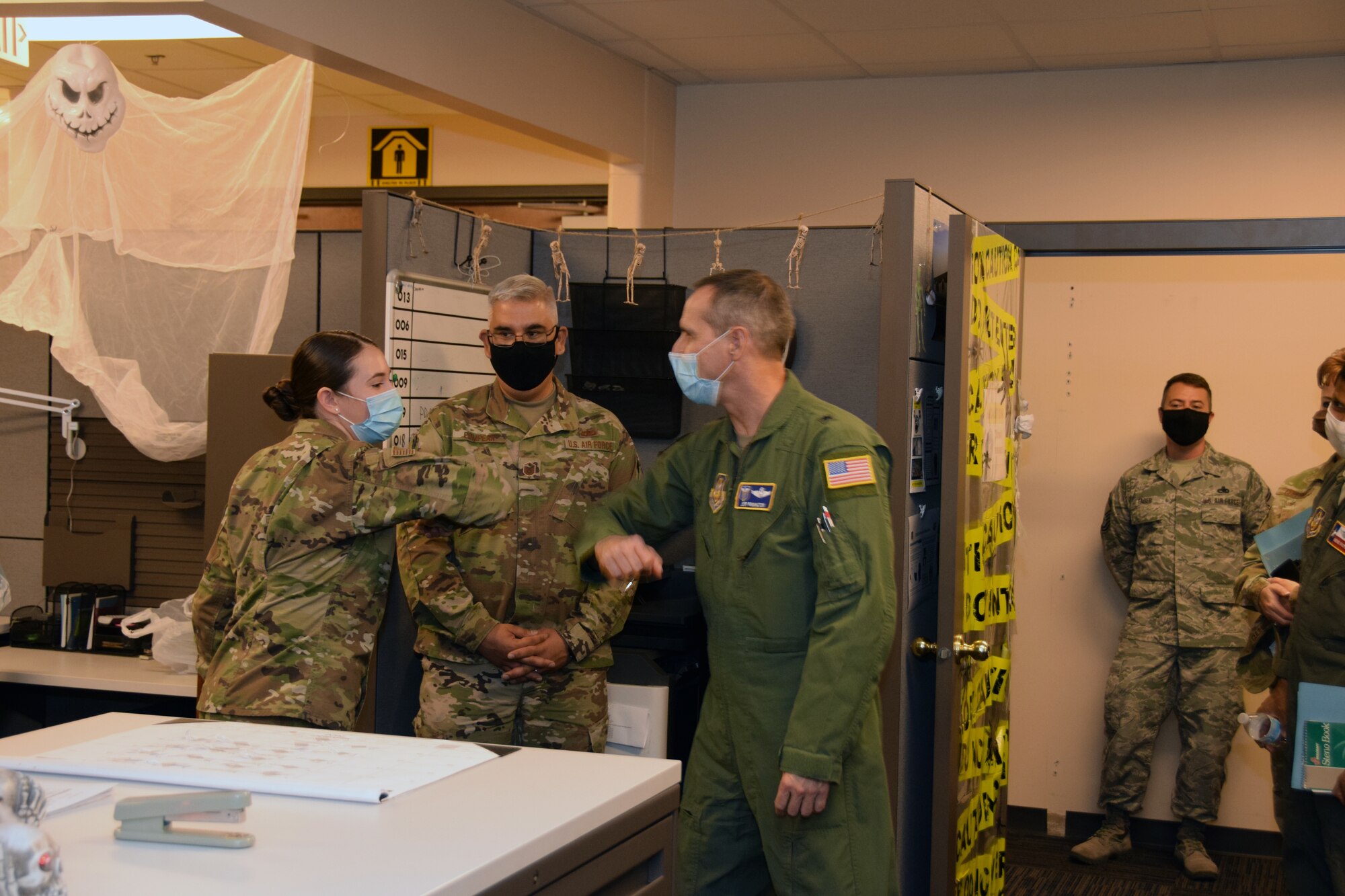 Brig. Gen. Jeffrey T. Pennington, 4th Air Force commander, meets with several 433rd Airlift Wing Airmen in the 433rd Maintenance Group Sept. 23, 2020 at Joint Base San Antonio-Lackland, Texas.