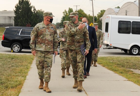 Col. Maurizio Calabrese is the Commander, National Air and Space Intelligence Center, leads U.S. Space Force Gen. John Raymond, Chief of Space Operations, to NASIC for his day-long visit Sept. 24, here. Raymond is the senior military member of the U.S. Space Force. He serves as the principal advisor to the Secretary of the Air Force on Space Force activities. This is his first NASIC immersion since the creation of Space Force on December 20, 2019. (U.S. Air Force photo by Senior Airman Samuel Earick.)