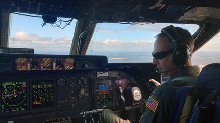 Brig. Gen. Jeffrey T. Pennington, 4th Air Force commander, flies an Air Force Reserve Command C-5M Super Galaxy during a local training sortie over San Antonio, Texas, Sept. 22, 2020.