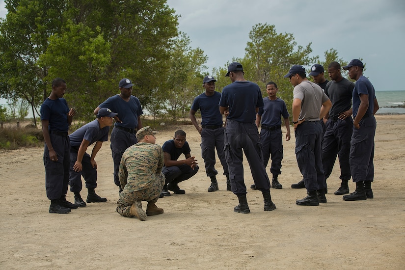 A dozen military personnel stand in a clearing for discussion.