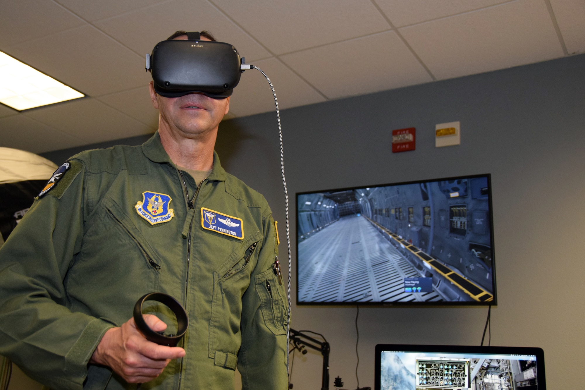 Brig. Gen. Jeffrey T. Pennington, 4th Air Force commander, experiences the virtual reality training system at the 733rd Training Squadron during a tour of the wing Sept. 23, 2020 at Joint Base San Antonio-Lackland, Texas.