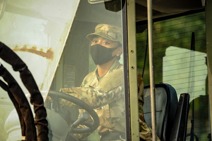 U.S. Air Force Senior Airman Jamie Boyd, a pest management apprentice assigned to the 446th Civil Engineer Squadron (CE), trains on the 10K All-Terrain Forklift on Sept. 11, 2020 at Joint Base Lewis-McChord, Washington.