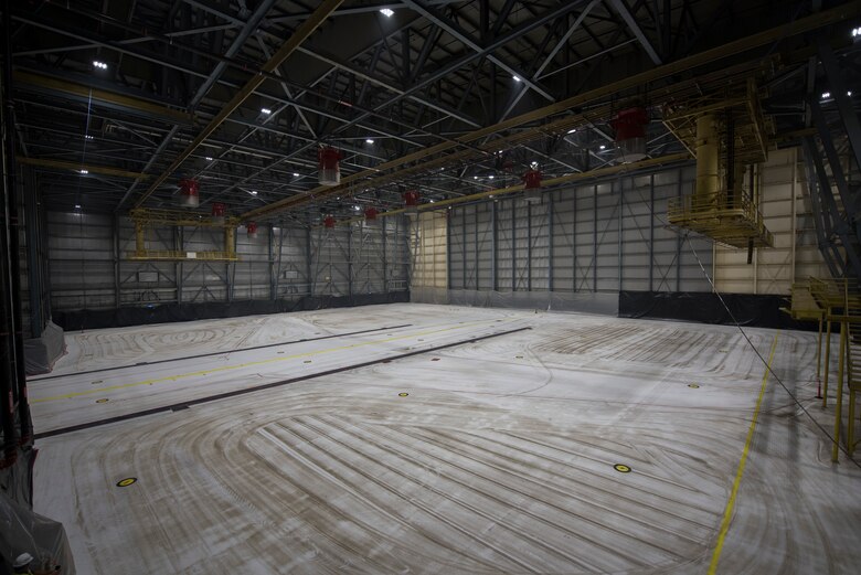 Hangar 811 sits empty prior to a test of its high expansion foam fire suppression system Sept. 11, 2020, at Travis Air Force Base, California. The system extinguishes fires by absorbing oxygen and cooling down the area it covers. (U.S. Air Force photo by Senior Airman Cameron Otte)