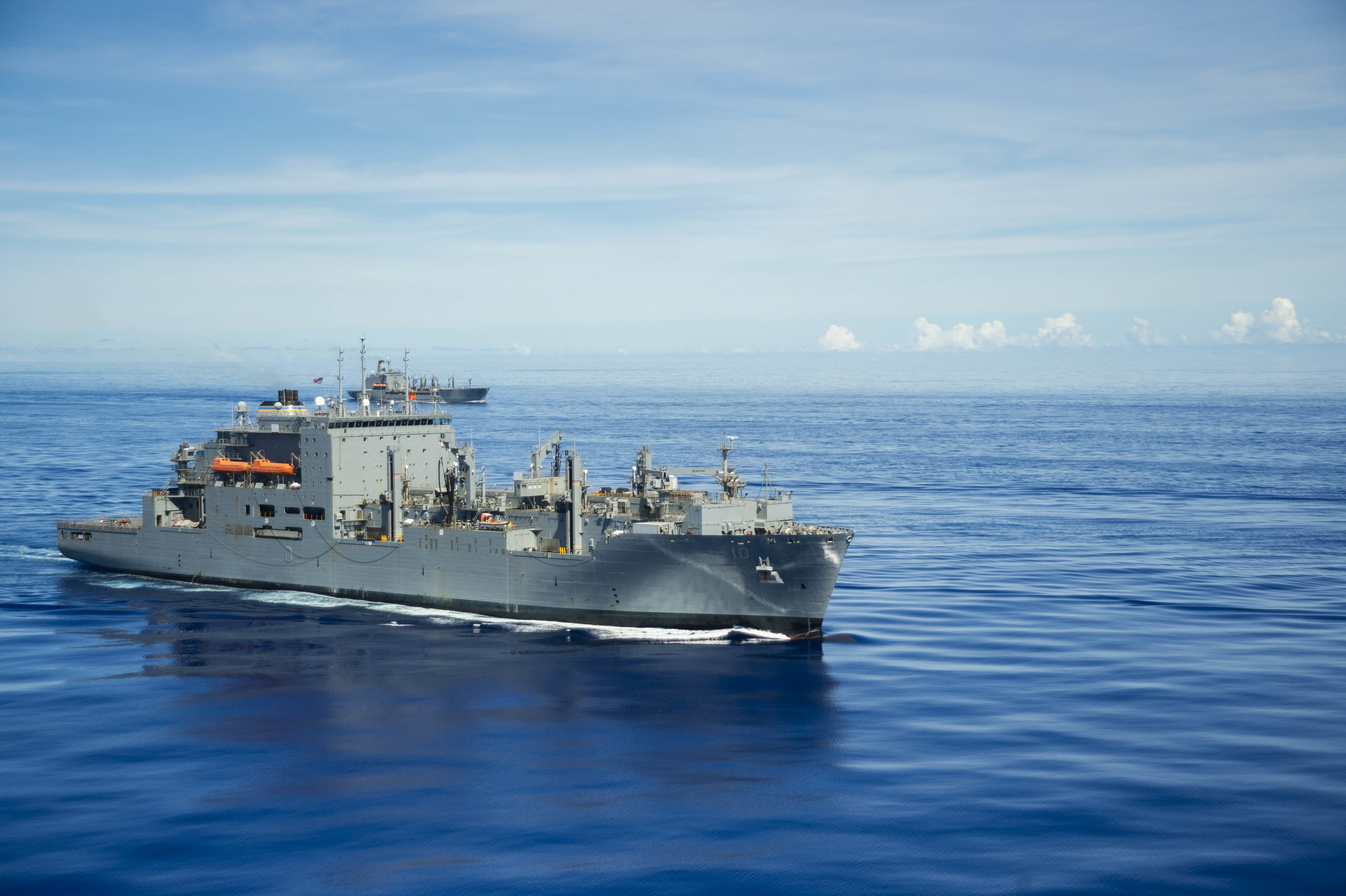 The Lewis and Clark-class dry cargo ship USNS Charles Drew (T-AKE 10) steams in formation in support of Valiant Shield 2020.