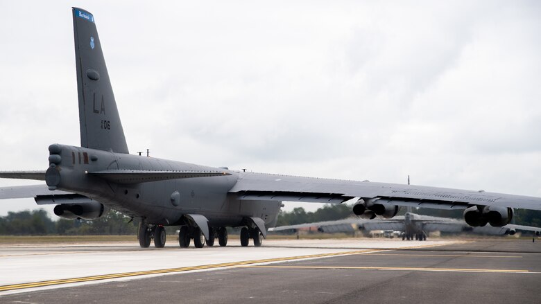 B-52H Stratofortresses taxi to the flightline to takeoff during a readiness exercise at Barksdale Air Force Base, La., Sept. 25, 2020.