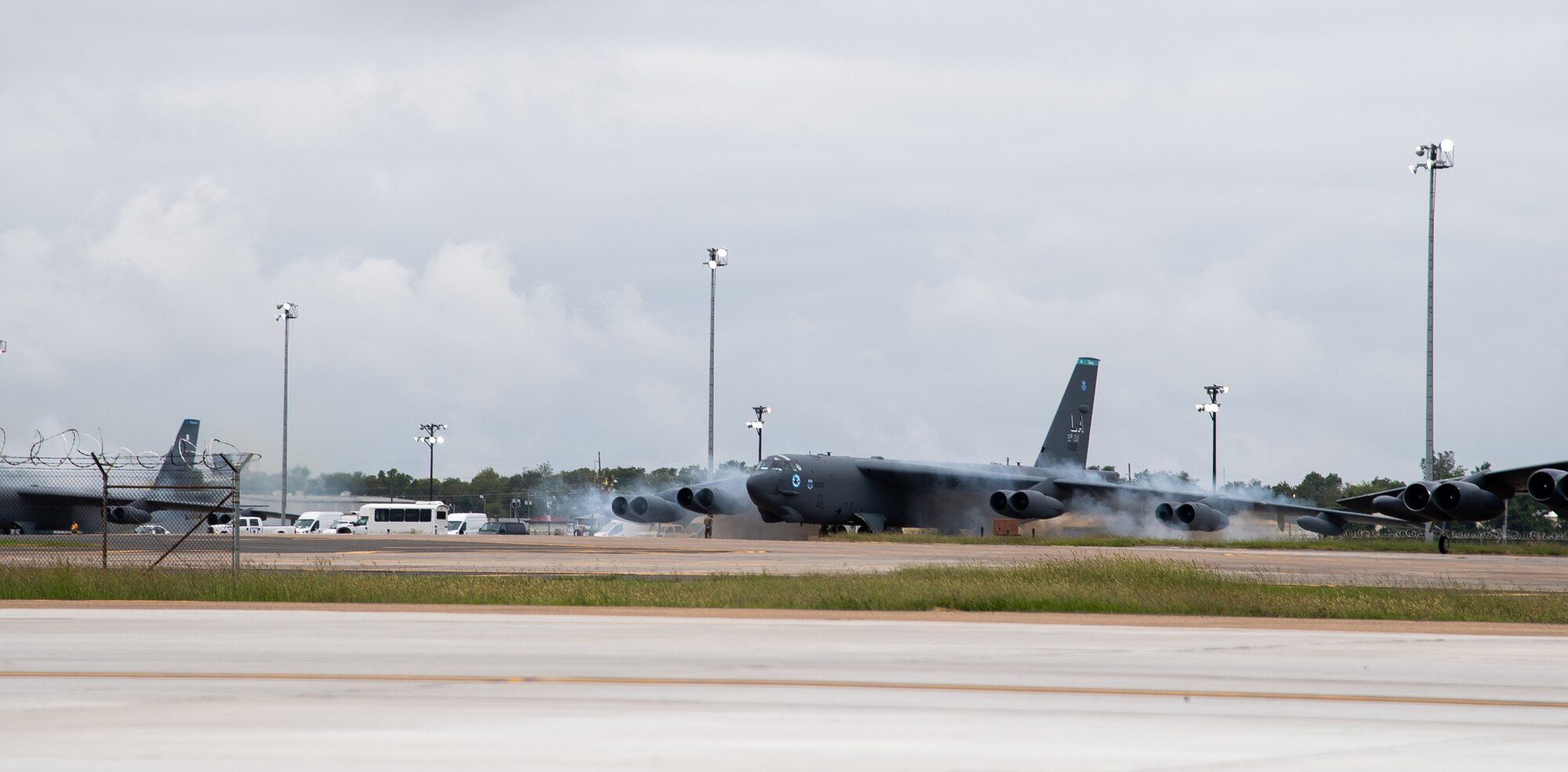 Airmen “cart start” a B-52H Stratofortress during a readiness exercise at Barksdale Air Force Base, La., Sept. 25, 2020.