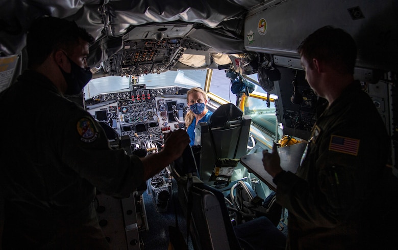Senior-leadership spouses with the 6th Air Refueling Wing speak with members of the 6th Aircraft Maintenance Squadron and 91st Air Refueling Squadron during an immersion tour at MacDill Air Force Base, Florida, Sept. 24, 2020.