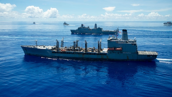 The Henry J. Kaiser-class underway replenishment oiler USNS John Ericsson (T-AO-194), front, steams in formation in support of Valiant Shield 2020.