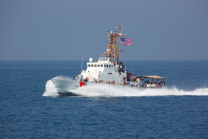The Coast Guard patrol boat USCGC Wrangell (WPB 1332), attached to Task Force (TF) 55, participates in the joint air operations in support of maritime surface warfare (AOMSW) exercise in the Arabian Gulf, Sept. 23. Combined integration operations between joint U.S. forces are regularly held to maintain interoperability and the capability to counter threats posed in the maritime domain, ensuring freedom of navigation and free flow of commerce throughout the region's heavily trafficked waterways. (U.S. Army photo by Spc. Joshua DuRant)