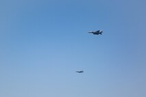 Air Force F-15E Strike Eagle fighter jets, attached to the U.S. Air Forces Central (AFCENT) Combined Air Operations Center, participate in the joint air operations in support of maritime surface warfare (AOMSW) exercise in the Arabian Gulf, Sept. 24. Combined integration operations between joint U.S. forces are regularly held to maintain interoperability and the capability to counter threats posed in the maritime domain, ensuring freedom of navigation and free flow of commerce throughout the region's heavily trafficked waterways. (U.S. Army photo by Spc. Joshua DuRant)
