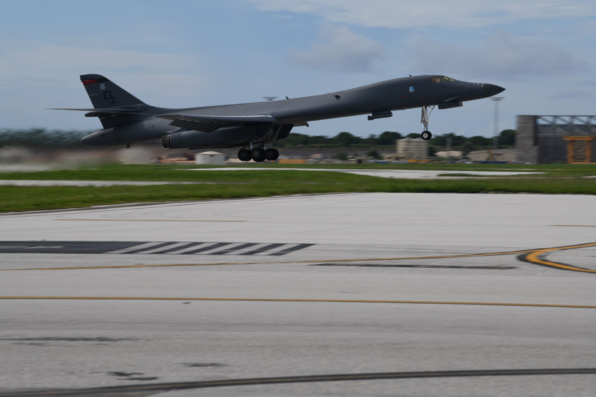 A B-1B Lancer assigned to the 28th Bomb Wing, Ellsworth Air Force Base, S.D., takes off for Exercise Valiant Shield at Andersen AFB, Guam, Sept. 18, 2020. Valiant Shield allows the U.S. Joint Force to more fully develop Joint All-Domain Operations concepts through exercises and experimentation for application in the Indo-Pacific Area of responsibility. (U.S. Air Force photo by Staff Sgt. Nicolas Z. Erwin)