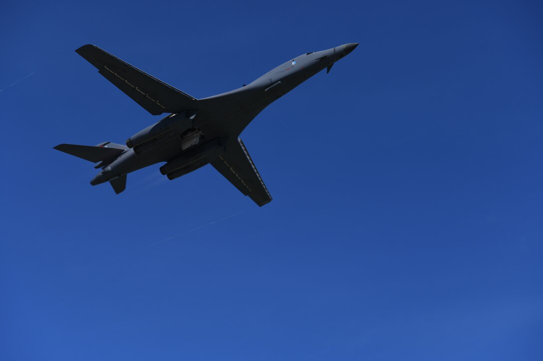 A B-1B Lancer assigned to the 28th Bomb Wing, Ellsworth Air Force Base, S.D., takes off for Exercise Valiant Shield at Andersen AFB, Guam, Sept. 23, 2020. Valiant Shield allows the U.S. Joint Force to more fully develop Joint All-Domain Operations concepts through exercises and experimentation for application in the Indo-Pacific Area of responsibility. (U.S. Air Force photo by Staff Sgt. Nicolas Z. Erwin)