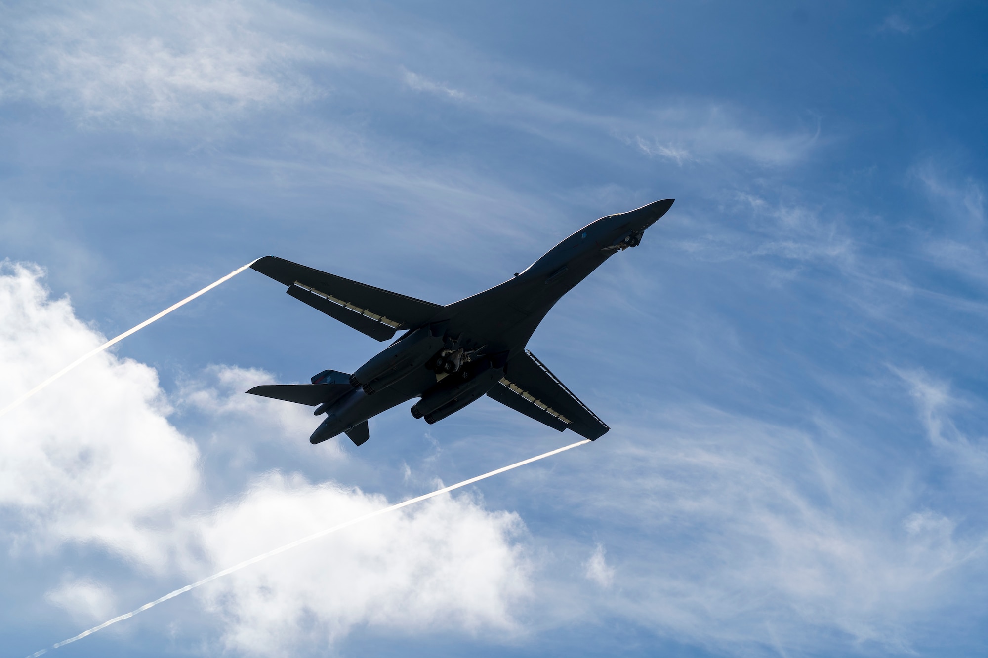 A B-1B Lancer assigned to the 28th Bomb Wing, Ellsworth Air Force Base, S.D., takes off for Exercise Valiant Shield at Andersen AFB, Guam, Sept. 23, 2020. Valiant Shield allows the U.S. Joint Force to more fully develop Joint All-Domain Operations concepts through exercises and experimentation for application in the Indo-Pacific Area of responsibility. (U.S. Air Force photo by Staff Sgt. Nicolas Z. Erwin)