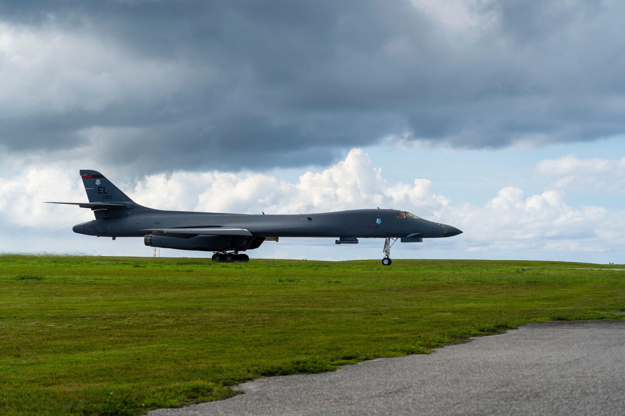 A B-1B Lancer assigned to the 28th Bomb Wing, Ellsworth Air Force Base, S.D., sits on the flightline at Andersen AFB, Guam, Sept. 23, 2020. The U.S. military frequently conducts joint training to refine operational proficiency, improve contingency response abilities and promote stability and security throughout the Indo-Pacific region.  (U.S. Air Force photo by Staff Sgt. Nicolas Z. Erwin)