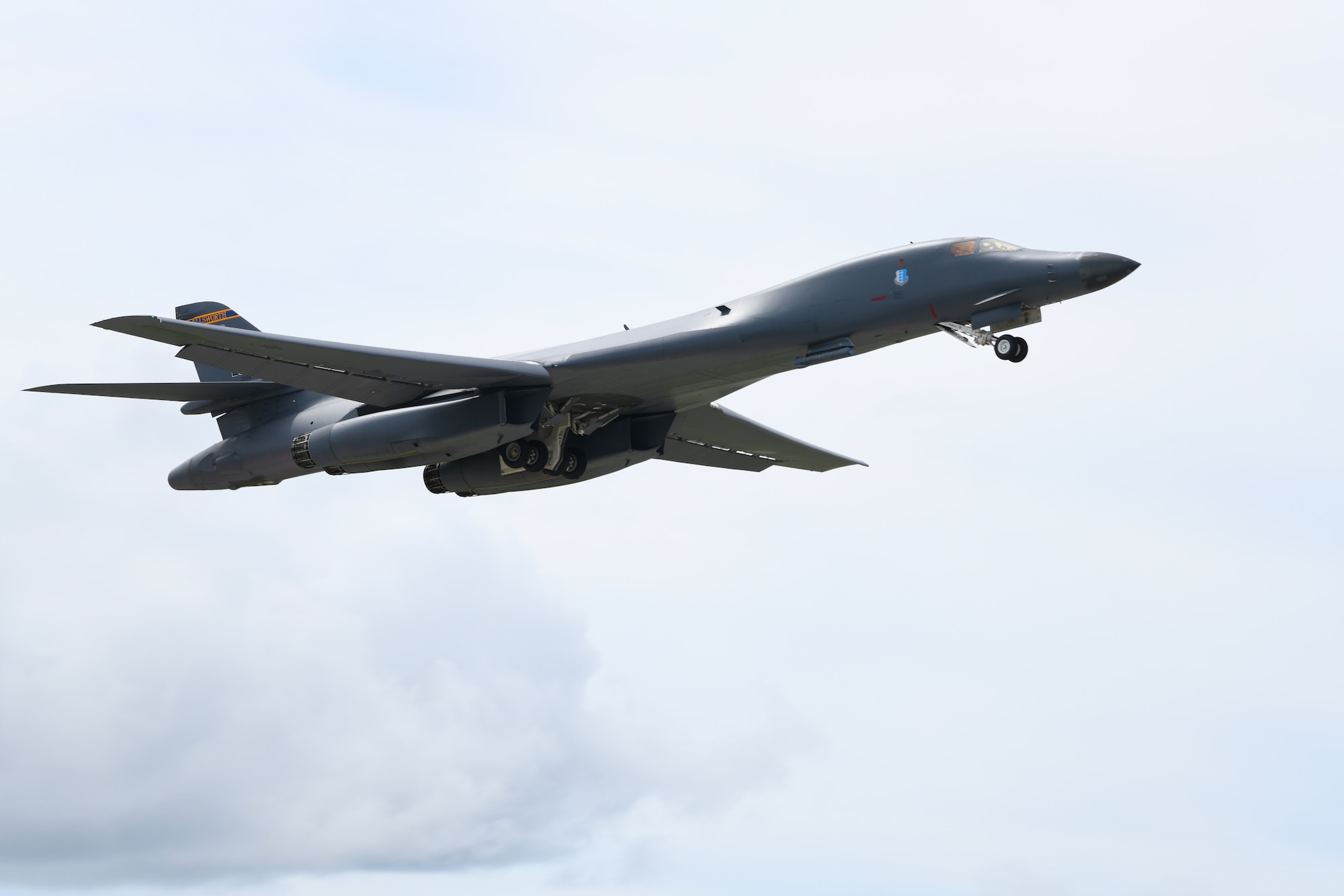 A B-1B Lancer assigned to the 28th Bomb Wing, Ellsworth Air Force Base, S.D., takes off in support of Exercise Valiant Shield at Andersen AFB, Guam, Sept. 17, 2020. The exercise is a U.S.-only field training exercise with a focus on joint training in a blue-water environment among U.S. Forces. (U.S. Air Force photo by Staff Sgt. Nicolas Z. Erwin)