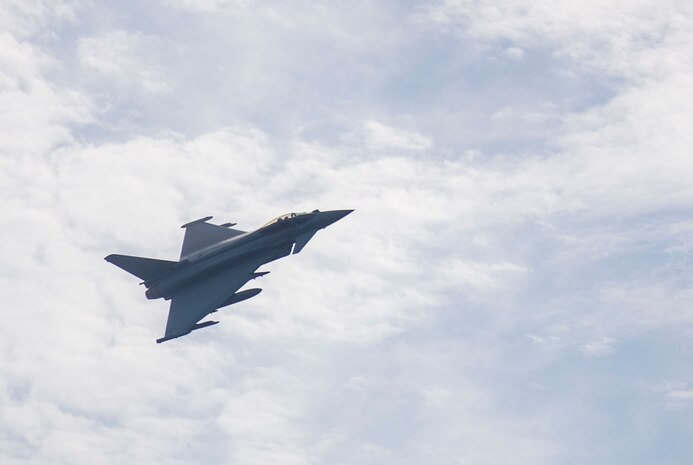 A Royal Air Force Typhoon fighter jets conduct joint operations with the Arleigh Burke-class guided-missile destroyer USS Roosevelt in the Black Sea (DDG 80), Sept. 25, 2020. Roosevelt, forward-deployed to Rota, Spain, is on its first patrol in the U.S. Sixth Fleet area of operations in support of regional allies and partners and U.S. national security interests in Europe and Africa.