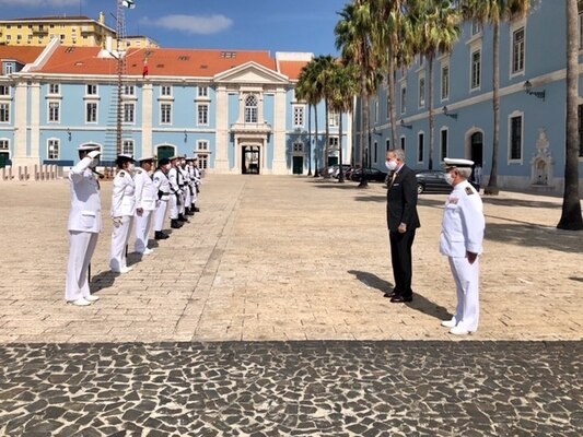 Acting Under Secretary of the Navy, the Honorable Gregory J. Slavonic receives honors upon arriving at the Portuguese Naval Headquarters Sept. 26, 2020.