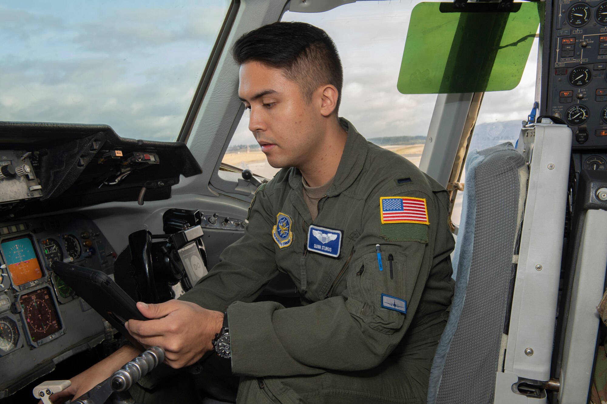 U.S. Air Force 1st Lt. Quintin Sturgis, 32nd Air Refueling Squadron KC-10 co-pilot, performs a pre-flight check before taking off at Spangdahlem Air Base, Germany, Sept. 24, 2020. Sturgis performed pre-flight checks alongside his crew, which included creating a flight plan for the exercise. (U.S. Air Force photo by Airman 1st Class Alison Stewart)