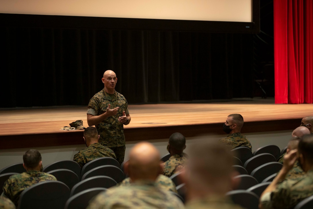 The 19th Sergeant Major of the Marine Corps, Sgt. Maj. Troy E. Black, addresses the attendees of the 2020 Commandants Combined Commandership Course held at Marine Corps Base Quantico, Sept. 21, 2020. The Commandant of the Marine Corps established a resident commanders program in 1992 for board selected and slated colonels and lieutenant colonels to help prepare slated commanders and their sergeants major for their new role. Attendance is mandatory for commanders and sergeants major either prior to or shortly after taking command or assuming their role as a Senior Enlisted Advisor. (U.S. Marine Corps photo by Sgt. Victoria Ross)