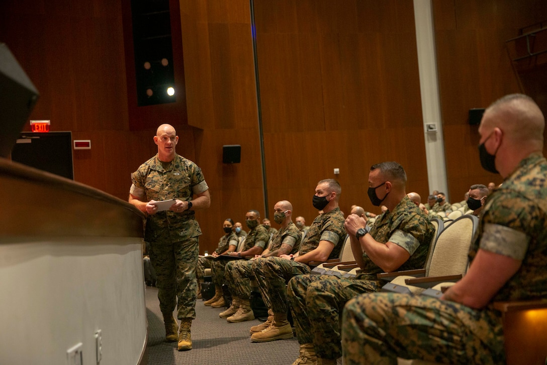 The 19th Sergeant Major of the Marine Corps, Sgt. Maj. Troy E. Black, addresses the attendees of the 2020 Commandants Combined Commandership Course held at Marine Corps Base Quantico, Sept. 21, 2020. The Commandant of the Marine Corps established a resident commanders program in 1992 for board selected and slated colonels and lieutenant colonels to help prepare slated commanders and their sergeants major for their new role. Attendance is mandatory for commanders and sergeants major either prior to or shortly after taking command or assuming their role as a Senior Enlisted Advisor. (U.S. Marine Corps photo by Sgt. Victoria Ross)