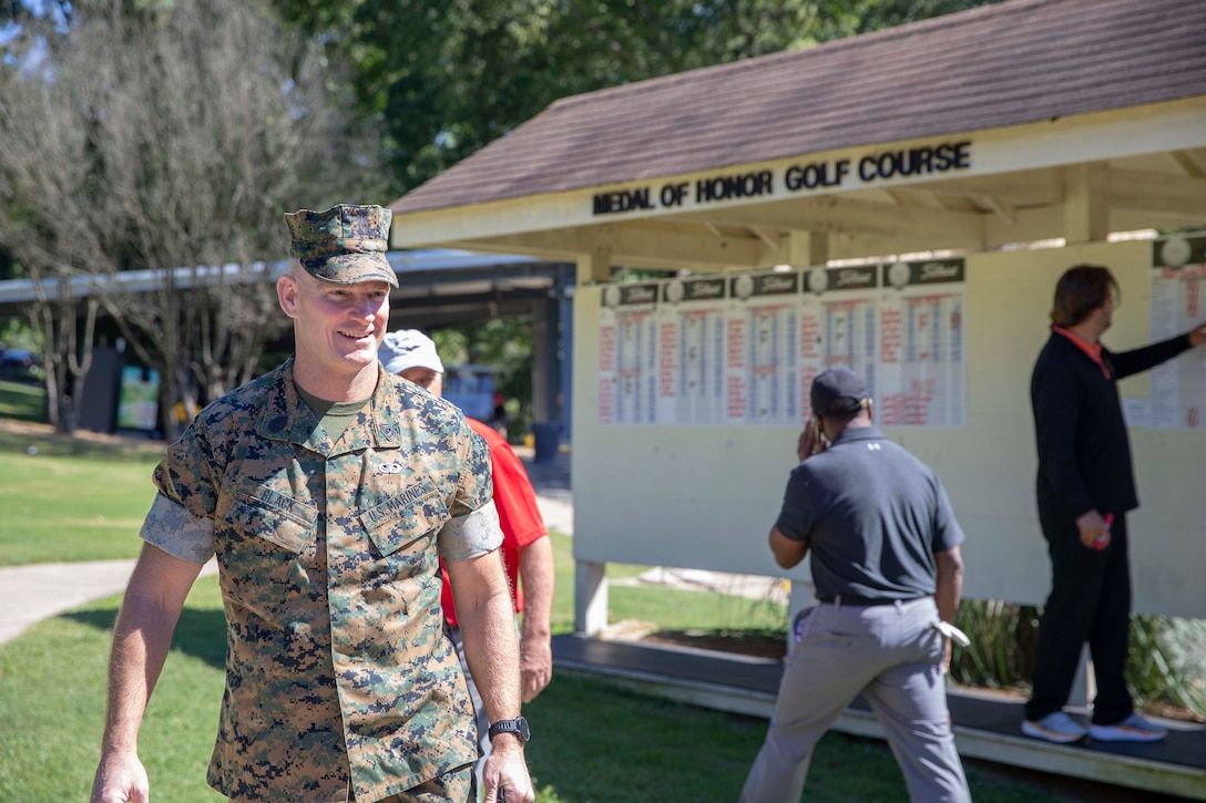 The 19th Sergeant Major of the Marine Corps, Sgt. Maj. Troy E. Black, speaks at an award ceremony held at Marine Corps Base Quantico, Sept. 21, 2020. The award ceremony was held at the Medal of Honor golf course for a charity event. The event allowed Marines active duty and veteran to interact over a round of golf.  (U.S. Marine Corps photo by Sgt. Victoria Ross)