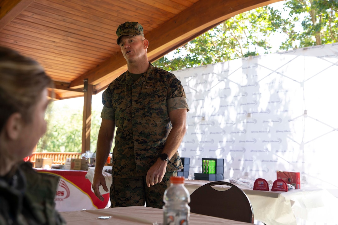 The 19th Sergeant Major of the Marine Corps, Sgt. Maj. Troy E. Black, speaks at an award ceremony held at Marine Corps Base Quantico, Sept. 21, 2020. The award ceremony was held at the Medal of Honor golf course for a charity event. The event allowed Marines active duty and veteran to interact over a round of golf.  (U.S. Marine Corps photo by Sgt. Victoria Ross)