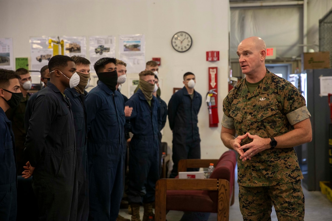 The 19th Sergeant Major of the Marine Corps, Sgt. Maj. Troy E. Black speaks to Marines attending their military occupational school at the Marine Corps Combat Service Support School (MCCSSS) at Marine Corps Base Camp Johnson, Jacksonville, N.C., Sept. 17, 2020. During the visit Sgt. Maj. Black discussed the importance of sustaining the transformation as Marines prepare to graduate from their entry level school. MCCSSS develops, conducts and evaluates formal training for entry, intermediate and advanced level officer, enlisted and civilian students in Personnel Administration, Ground Supply Support and Distribution, Financial Management and Logistics Operations, as well as Marine Corps Water Survival training. (U.S. Marine Corps photo by Sgt. Victoria Ross)