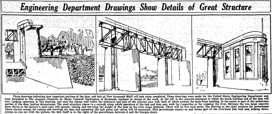 Early rendering of the New Savannah Bluff Lock and Dam from the Augusta Chronicle, December 22, 1933.