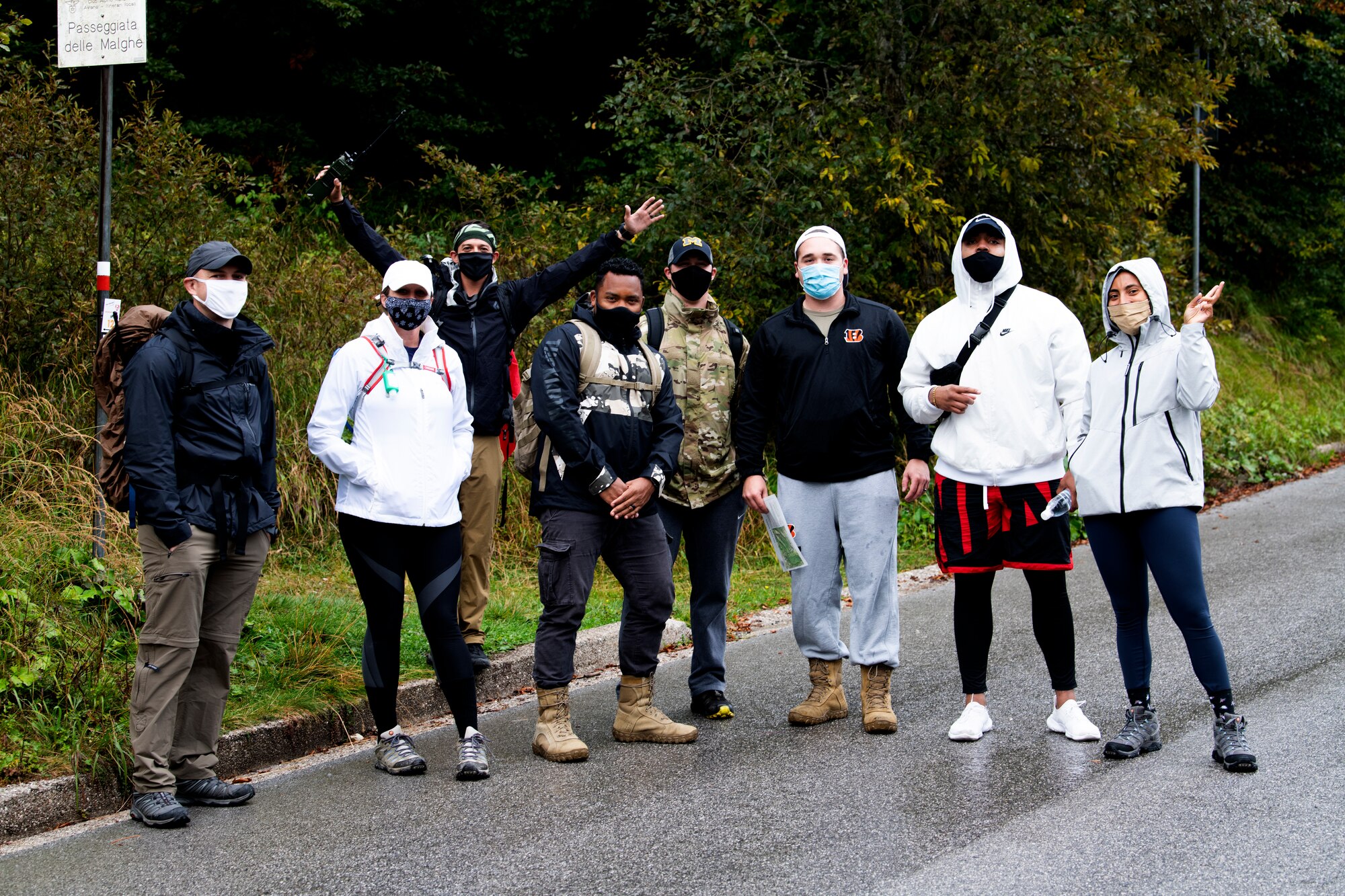 Airmen from the 31st Fighter Wing pose for a group photo at Piancavallo, Italy, Sept. 22, 2020. The Airmen were participating in a scavenger hunt hosted by Survival, Evasion, Resistance, Escape. (U.S. Air Force photo by Senior Airman Caleb House)