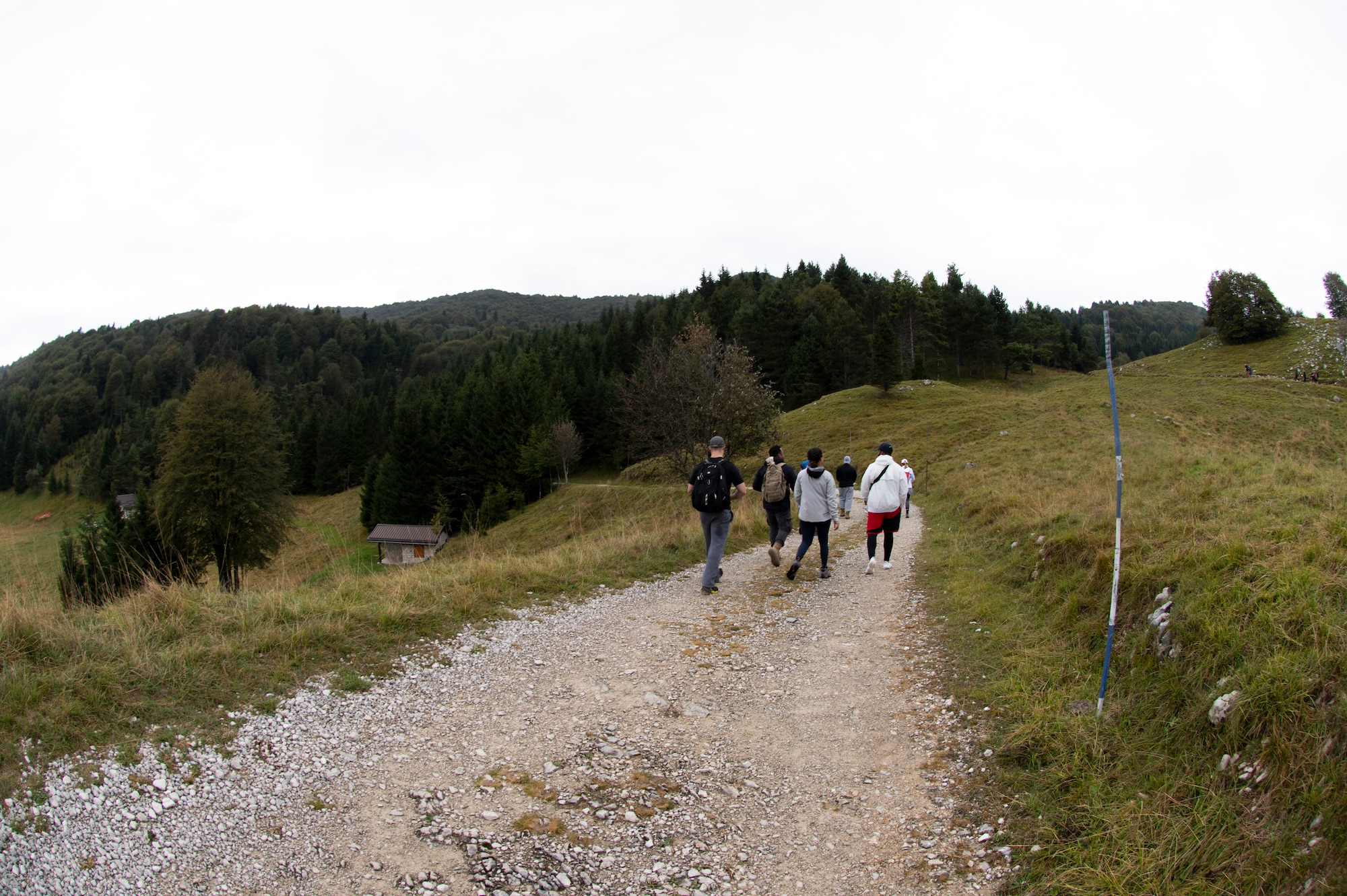 Airmen from the 31st Fighter Wing hike at Piancavallo, Italy, Sept. 22, 2020. The Airmen participated in a scavenger hunt hosted by Survival, Evasion, Resistance, Escape. (U.S. Air Force photo by Senior Airman Caleb House)