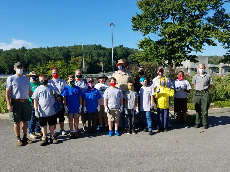 Cub Scouts and leaders from Pack 503 pose together at Cheatham Lake in Ashland City, Tennessee, where they volunteered Sept. 19, 2020 in support of National Public Lands Day. (USACE photo by Amber Jones)