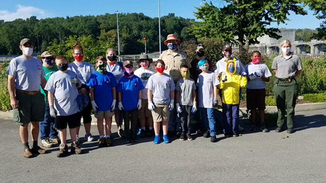 Cub Scouts and leaders from Pack 503 pose together at Cheatham Lake in Ashland City, Tennessee, where they volunteered Sept. 19, 2020 in support of National Public Lands Day. (USACE photo by Amber Jones)