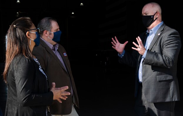 William Dowell, 17th Force Support Squadron director, explains the functionality of the 17th Force Support Squadron with Isabel Hubbard, United Service Organizations Fort Hood Center director and Benjamin Griffin, USO Fort Hood Center Operations and Programs manager at Goodfellow Air Force Base, Texas, Sept. 24, 2020. The leaders from USO Fort Hood visited the 17th Training Wing in an effort to learn about its capabilities for future events and activities. (U.S. Air Force photo by Senior Airman Deven Schultz)