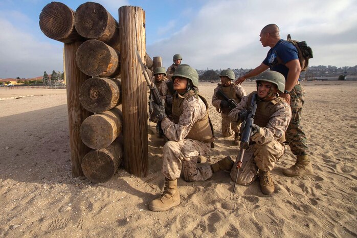 Recruits with India Company, 3rd Recruit Training Battalion, participate in the Bayonet Assault course at Marine Corps Recruit Depot San Diego, Sept. 22, 2020.