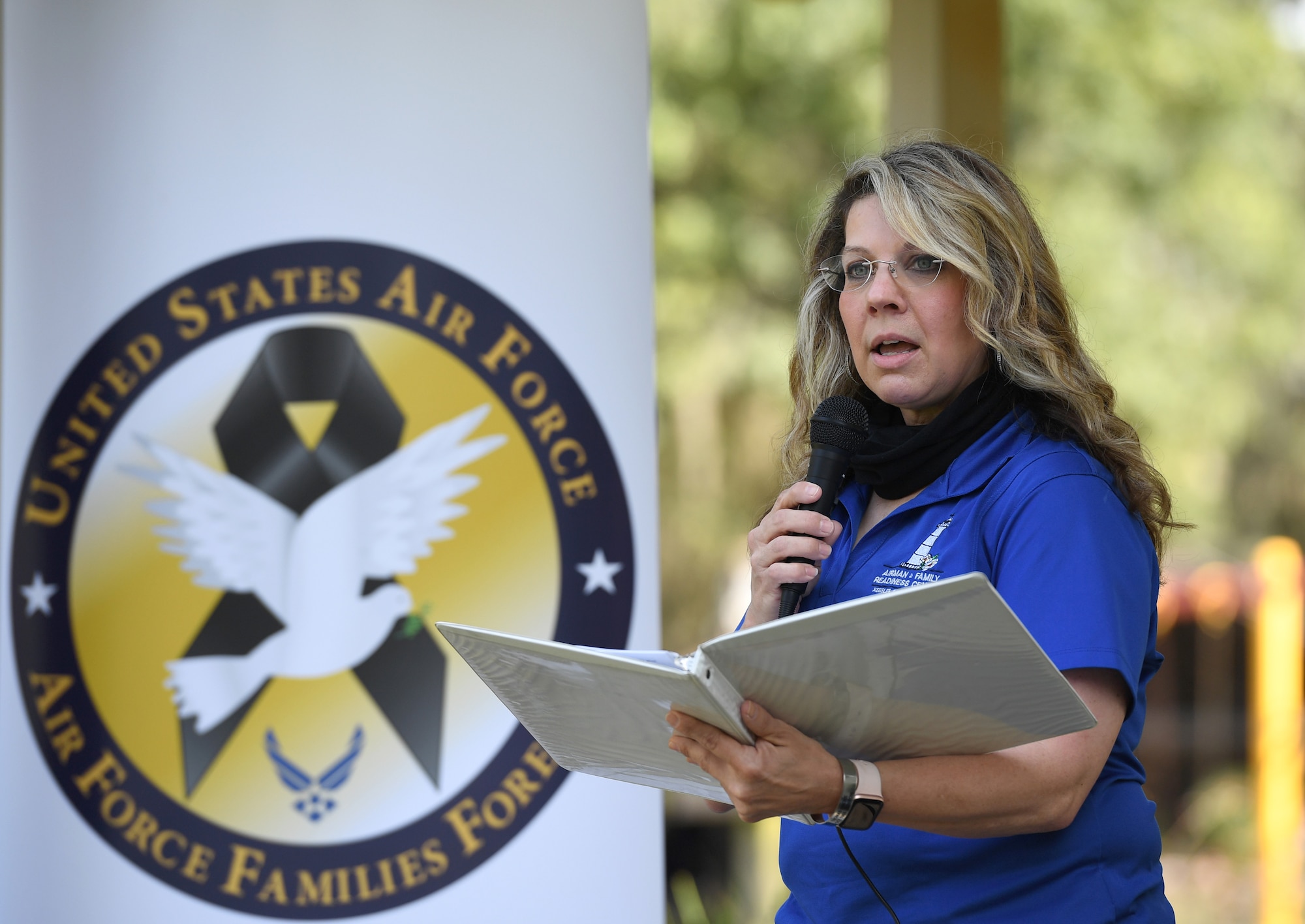 Holly Fisher, 81st Force Support Squadron Air Force Families Forever coordinator, delivers remarks during the Butterfly Release Ceremony honoring Keesler's Fallen Heroes at the Marina at Keesler Air Force Base, Mississippi, Sept. 25, 2020. The event was held in conclusion of Gold Star Family Remembrance Week, which honored the families of fallen service members. (U.S. Air Force photo by Kemberly Groue)