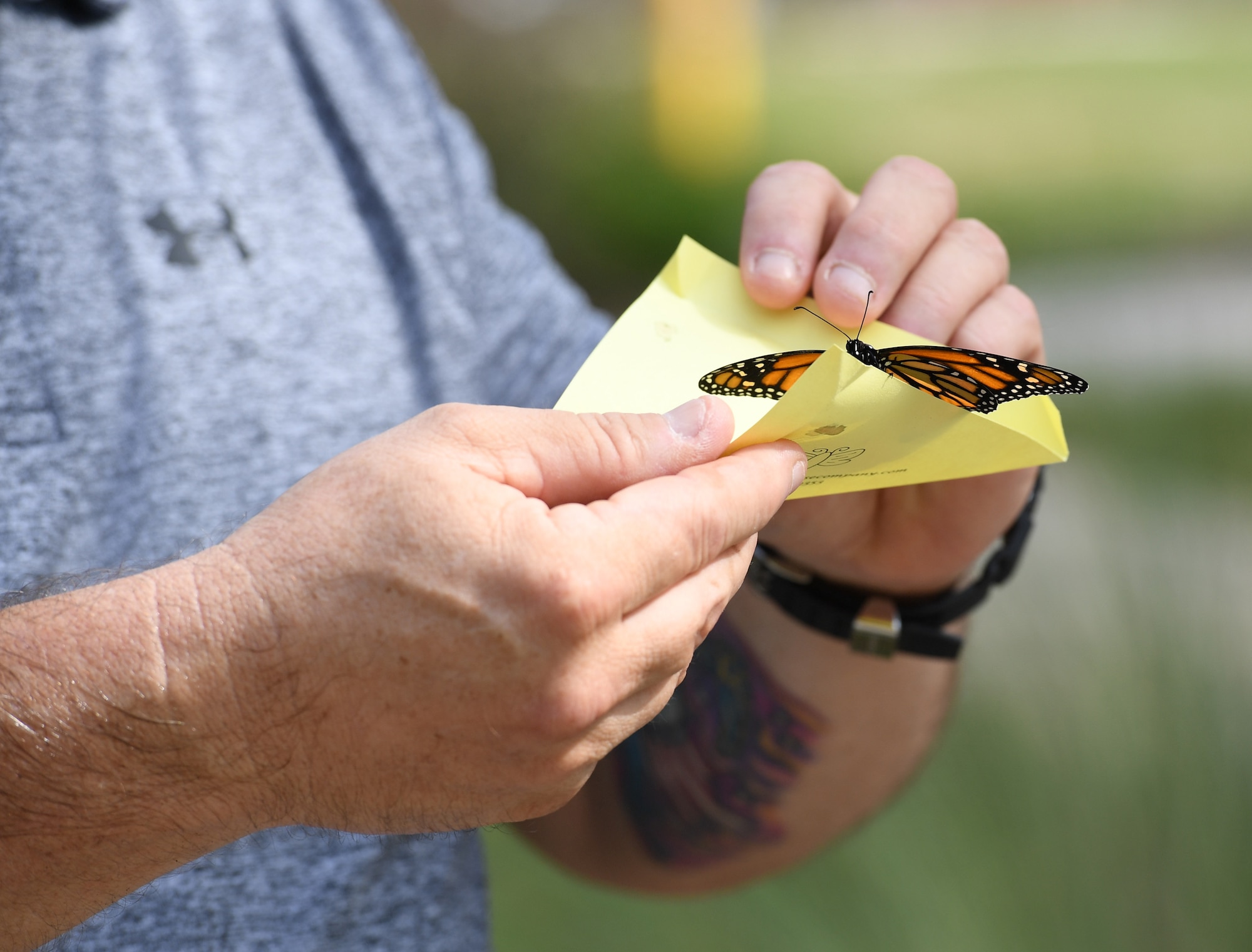 Mike Bradford releases a butterfly in memory of his son, U.S. Air Force Airman 1st Class Brian Bradford, during the Butterfly Release Ceremony honoring Keesler's Fallen Heroes at the Marina at Keesler Air Force Base, Mississippi, Sept. 25, 2020. Bradford was killed while deployed Dec. 6, 2018. The event was held in conclusion of Gold Star Family Remembrance Week, which honored the families of fallen service members. (U.S. Air Force photo by Kemberly Groue)