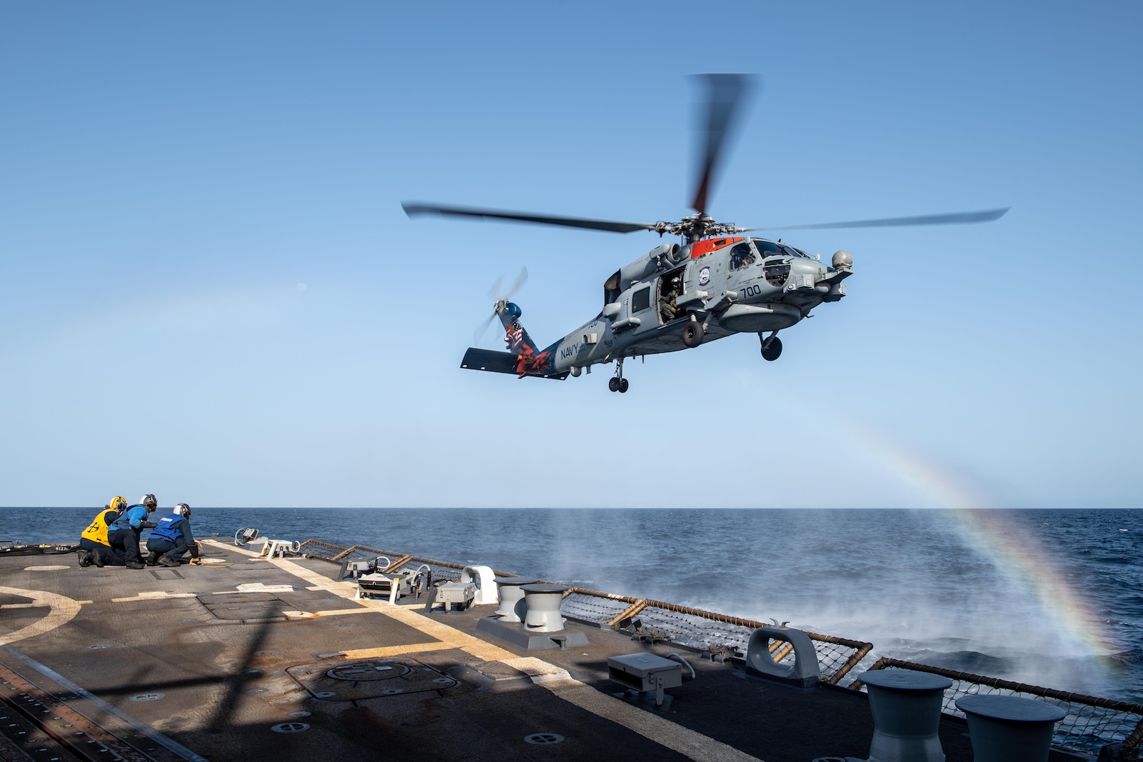 Sailors assigned to the guided-missile destroyer USS Truxtun (DDG 103) prepare to conduct a simulated helicopter in-flight refueling with an MH-60R Sea Hawk attached to the “Swamp Foxes” of Helicopter Maritime Strike Squadron 74 May 4, 2020