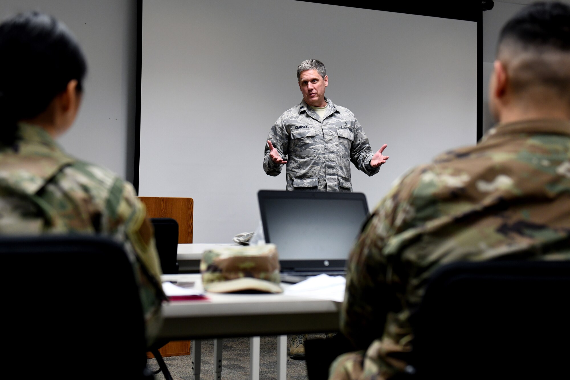 Lt. Col. Rodney Campbell, chaplain in the 419th Fighter Wing, speaks to a group of Airmen that are new to the wing earlier this year at Hill Air Force Base, Utah.
