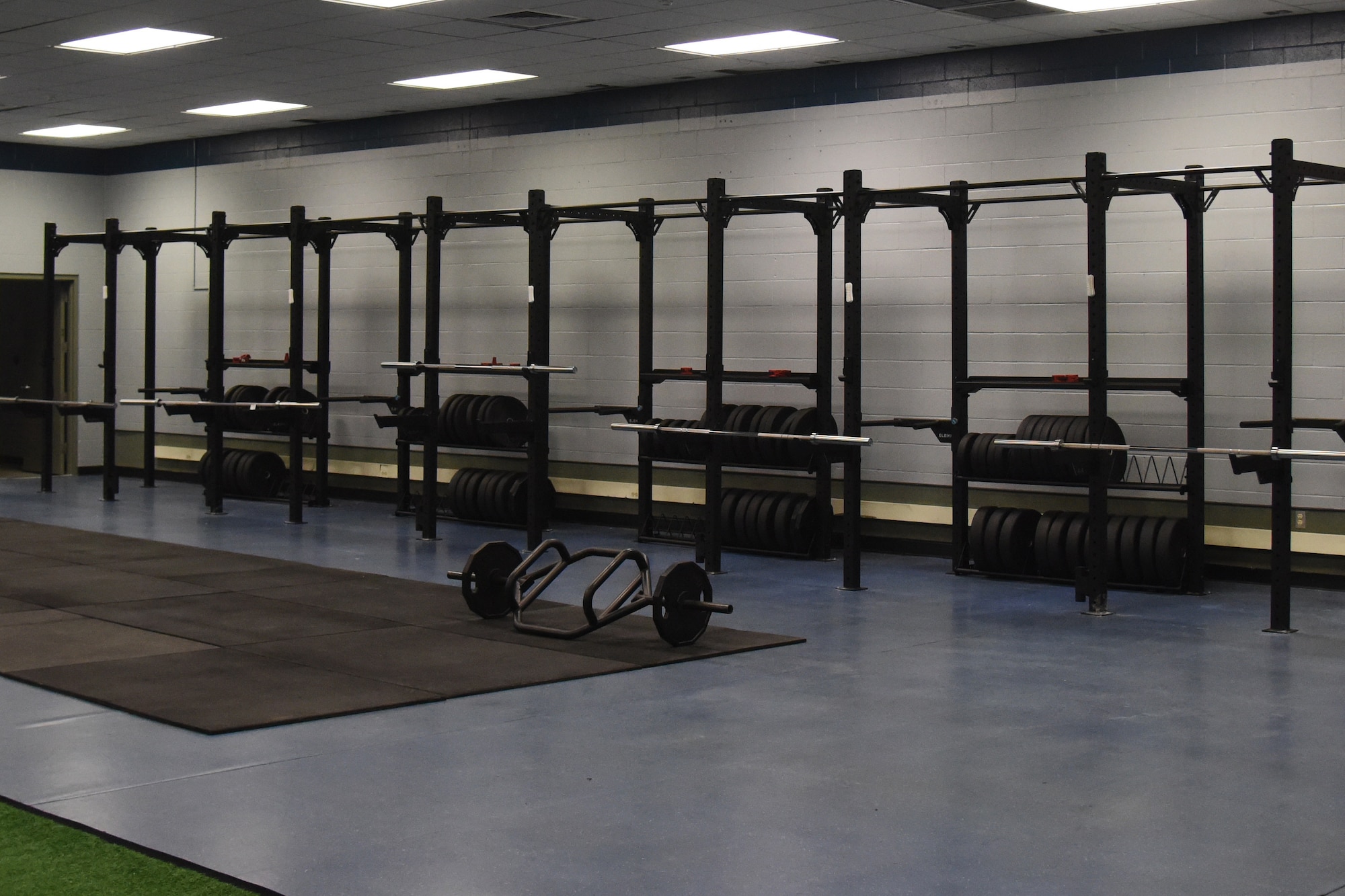 Mathis Gym opens its doors with new equipment and a new look on Goodfellow Air Force Base, Texas, Sept. 28, 2020. While the gym was closed, it received a new paint job, new equipment and new policies to handle traffic during COVID-19. (U.S. Air Force photo by Senior Airman Zachary Chapman)