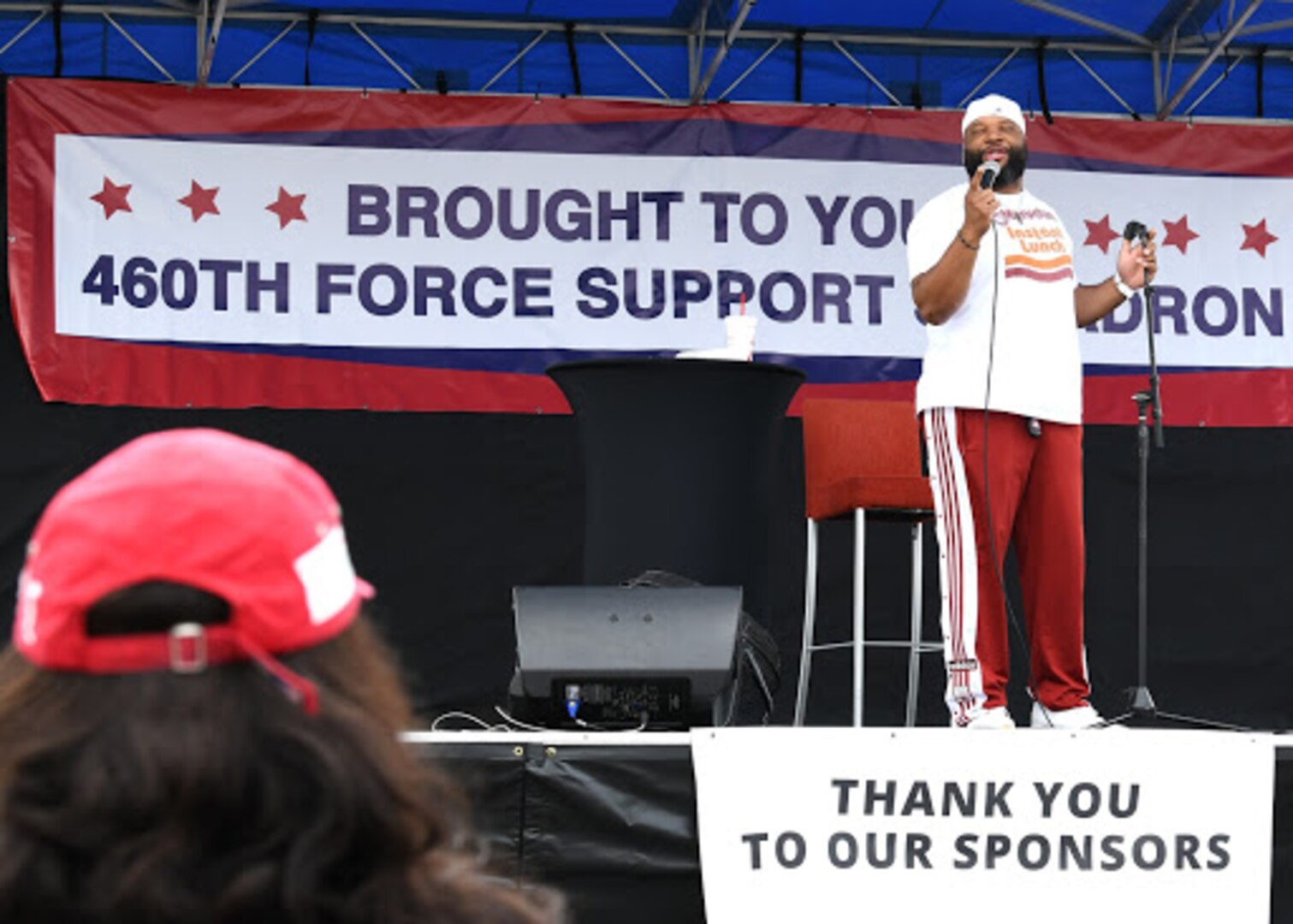 Comedian Mike Paramore, performs at Buckley Air Force Base, Colo., Sept. 25, 2020. Paramore was the headline comedian at a drive-in comedy show for Buckley Connects Day. (U.S. Space Force photo by Airman 1st Class Haley N. Blevins)