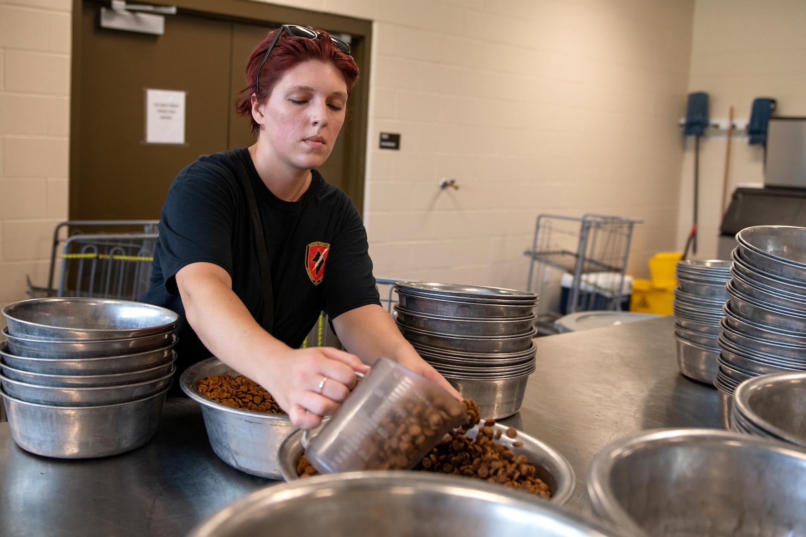 Female civilian scoop food for dog.