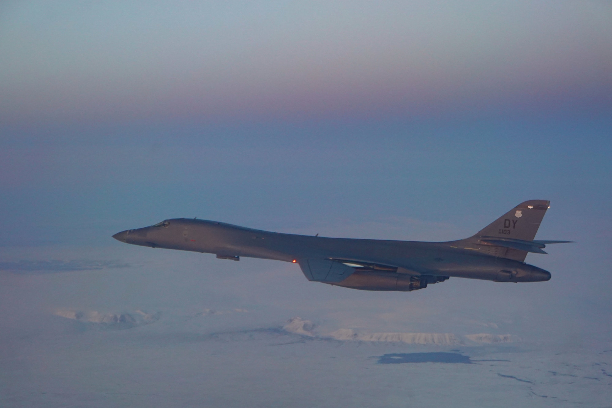 A photo of a  B-1B Lancer assigned to the 345th Expeditionary Bomb Squadron flying over the Arctice Circle, Sept. 25, 2020