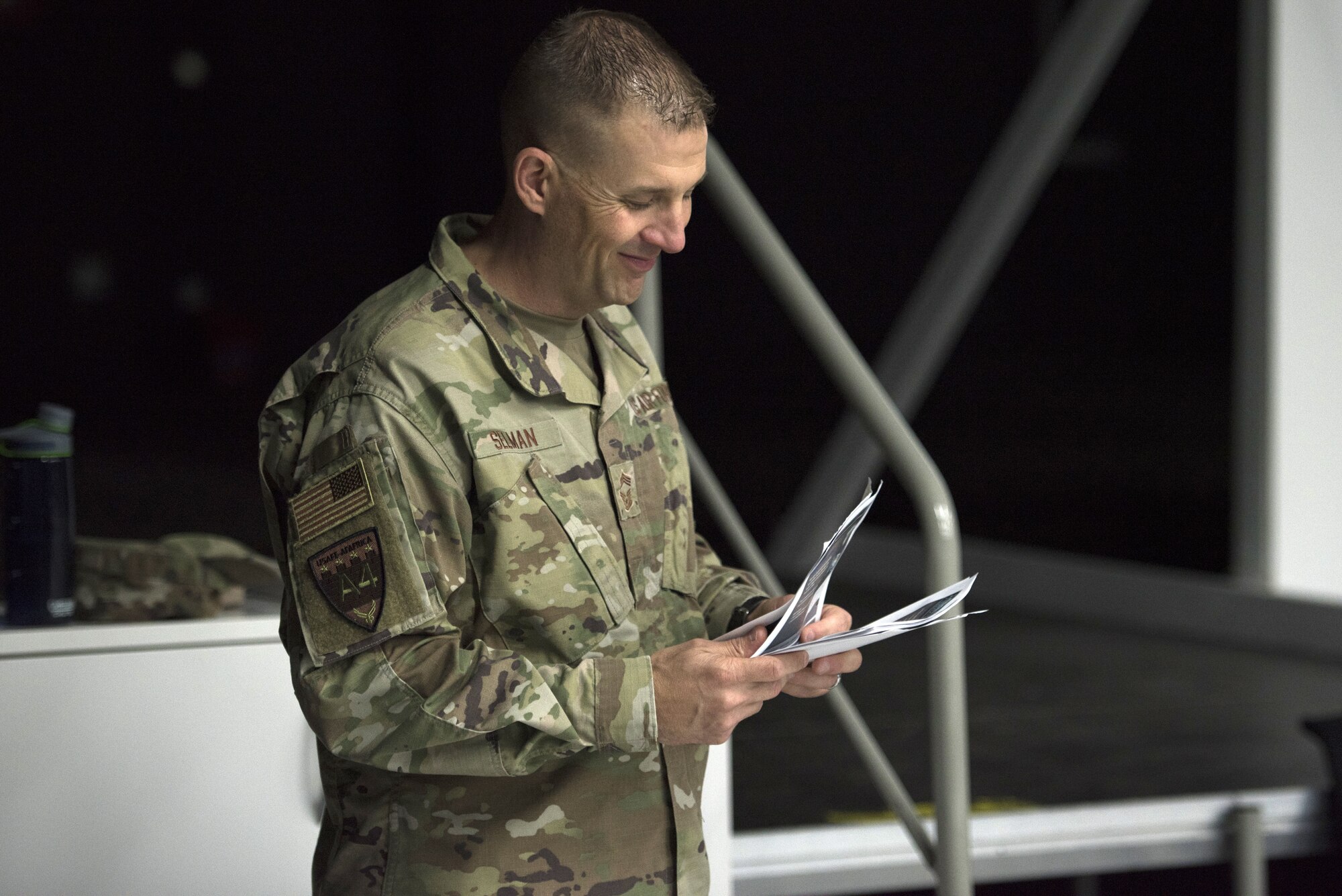 U.S. Air Force Chief Master Sgt. Jason Selman, United States Air Force in Europe-Air Forces Africa Chemical, Biological, Radiological, and Nuclear functional manager, teaches a CBRN defense course on Ramstein Air Base, Germany, Sept. 24, 2020.